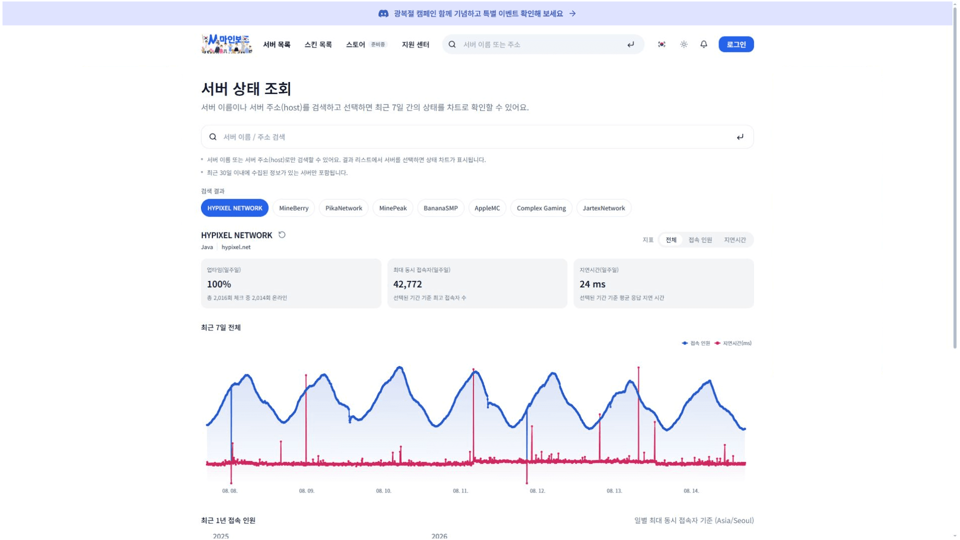 MineBoard 서버 상태 조회 화면
